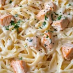Fettuccine Alfredo with salmon and parsley garnish