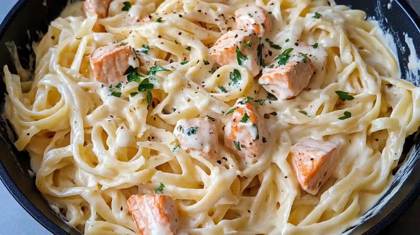 Fettuccine Alfredo with salmon and parsley garnish