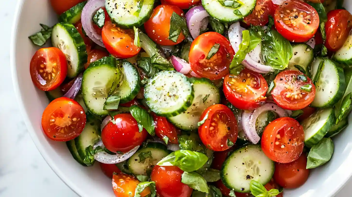 Finished cucumber tomato salad with herbs and vinaigrette