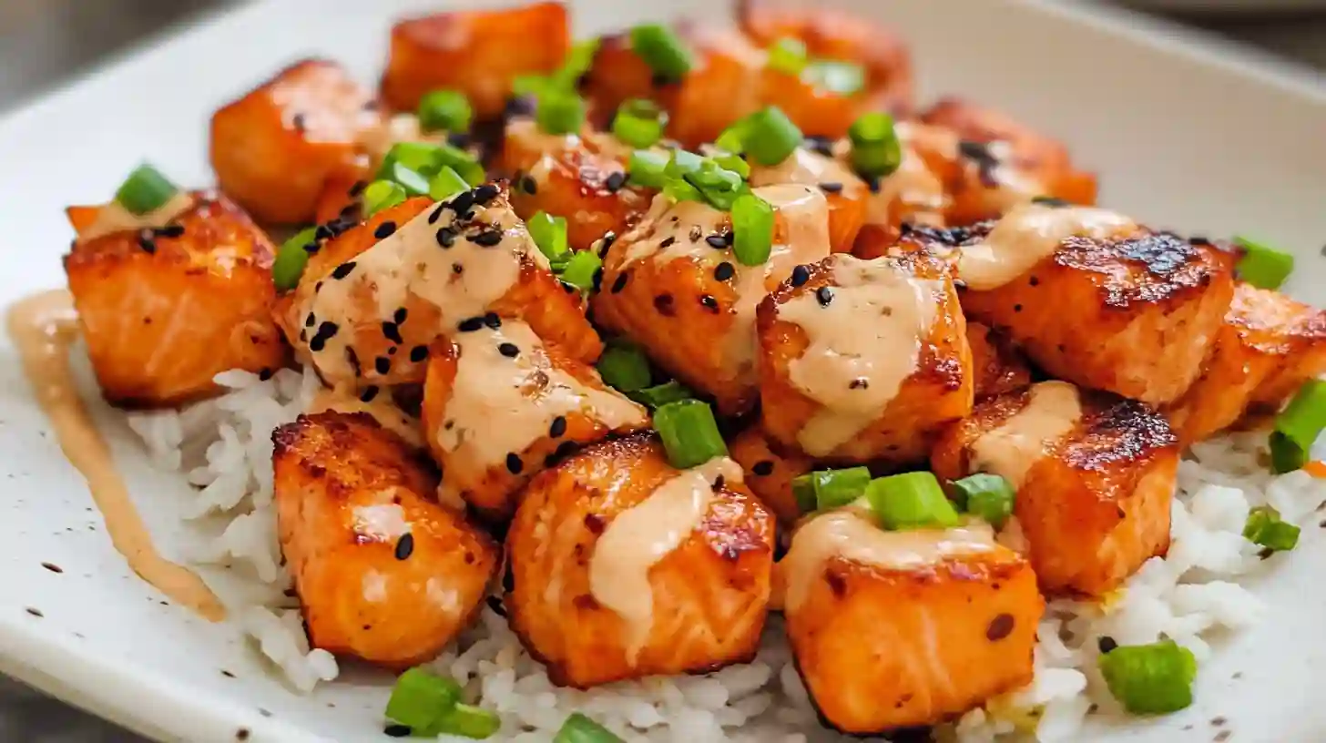 Air-fried salmon bites drizzled with bang bang sauce