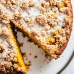 Slice of pumpkin coffee cake with streusel topping on plate