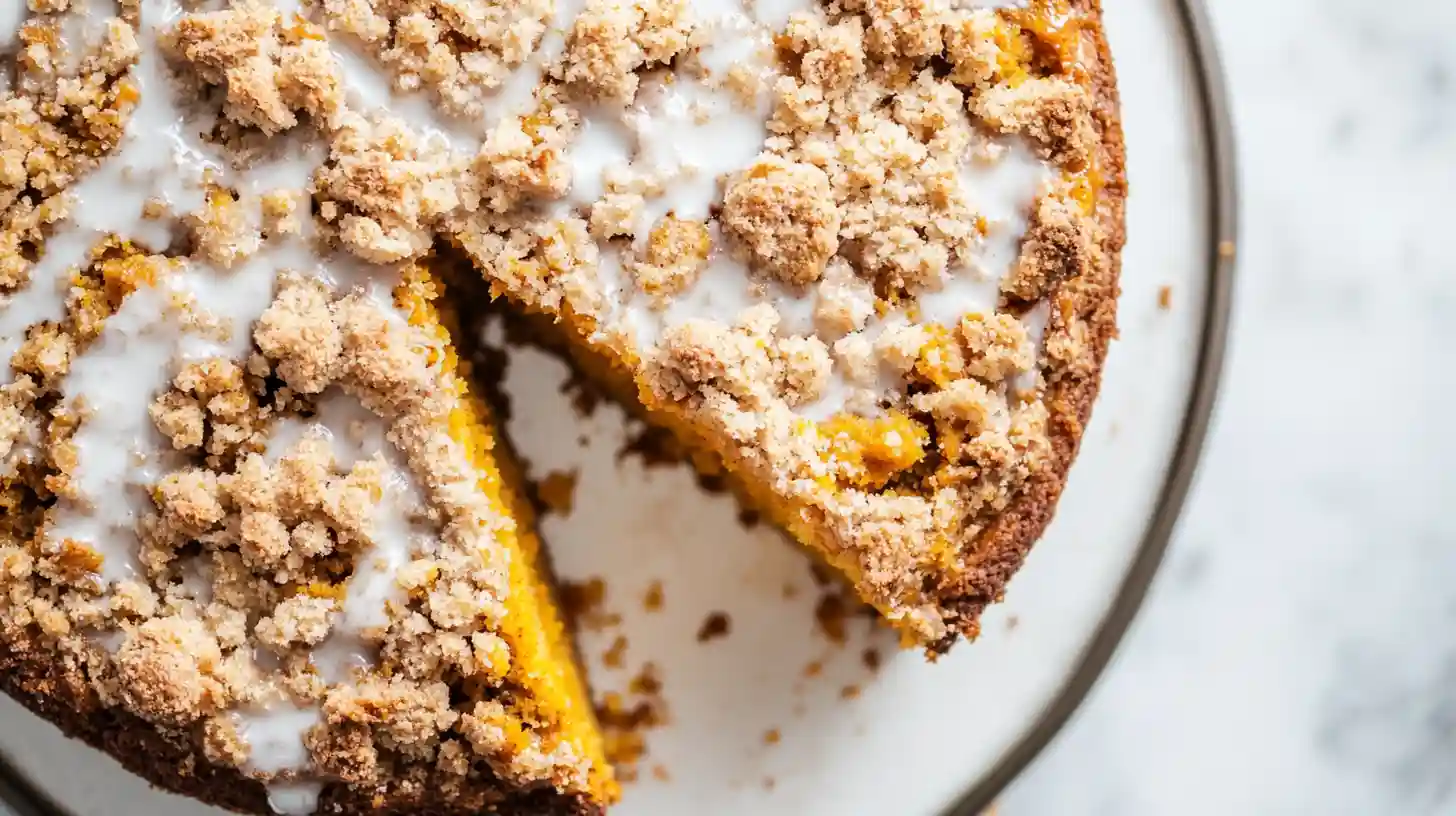 Slice of pumpkin coffee cake with streusel topping on plate