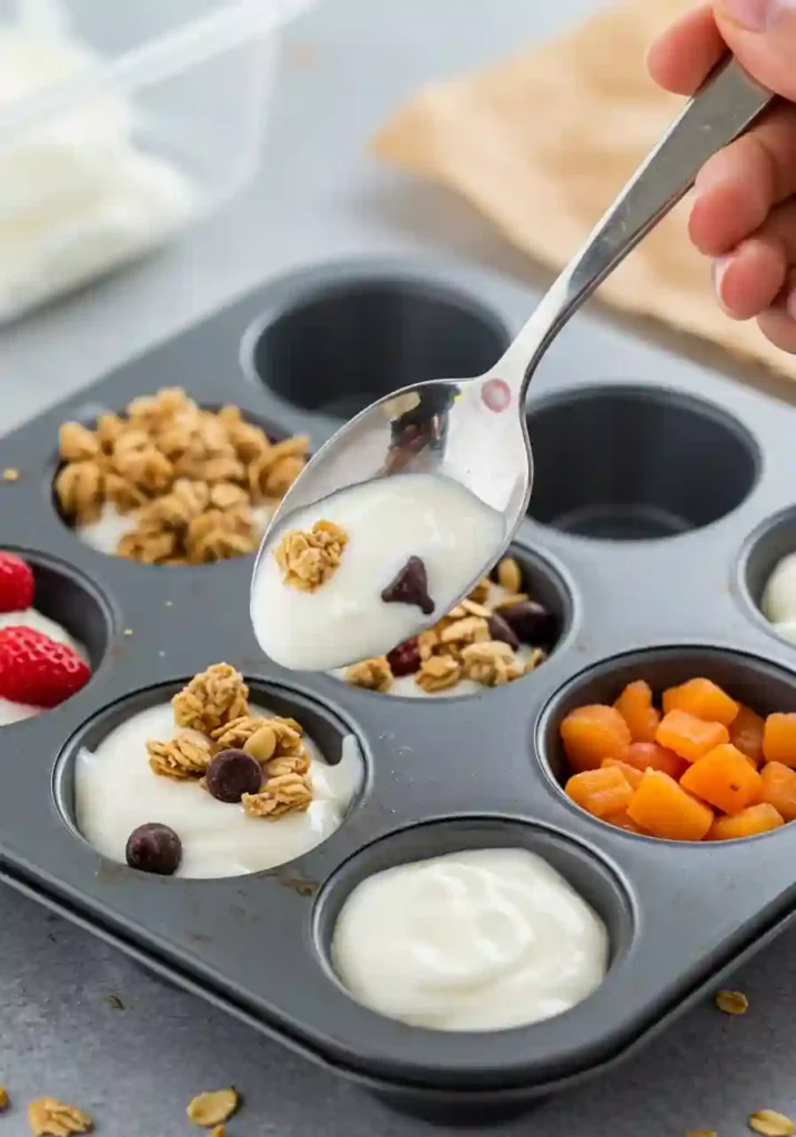 Yogurt mixture spooned into silicone molds with fruit on top