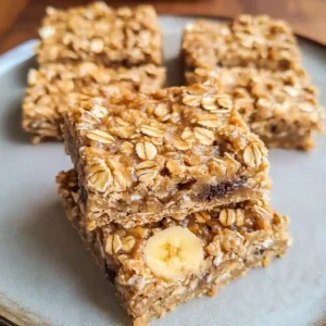 Stack of banana oatmeal bars on a serving plate