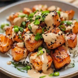 Plated crispy salmon bites garnished with parsley and lime