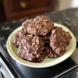 Plate of finished no bake chocolate oatmeal cookies ready to eat