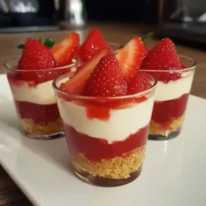 Ready-to-serve Strawberry Cheesecake Cups with layers of crumb crust, cheesecake, and strawberry topping