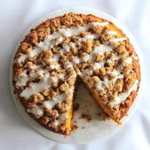 Whole pumpkin coffee cake drizzled with glaze, cooling on rack