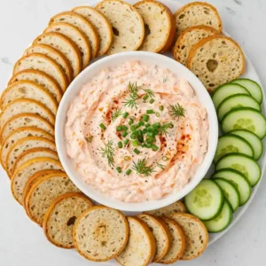 Finished smoked salmon dip garnished with dill and served