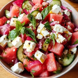 Completed watermelon feta salad served in a large bowl