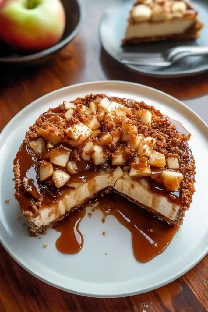 Spoon adding spiced apple topping and caramel drizzle over the cheesecake