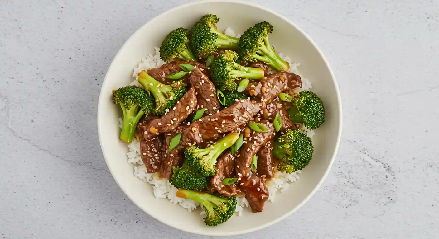 Finished Beef and Broccoli in a White Bowl