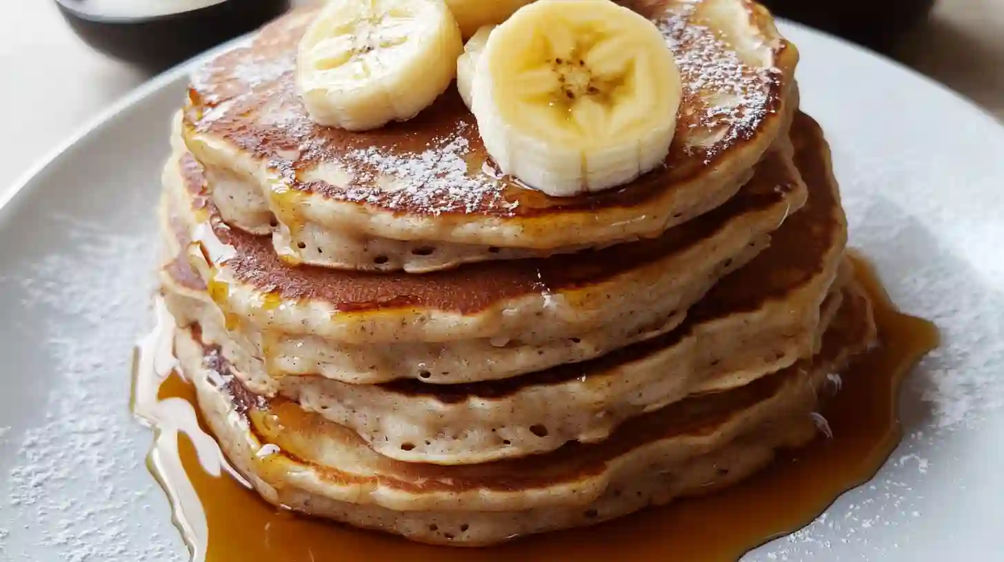 Stack of golden gluten free banana pancakes