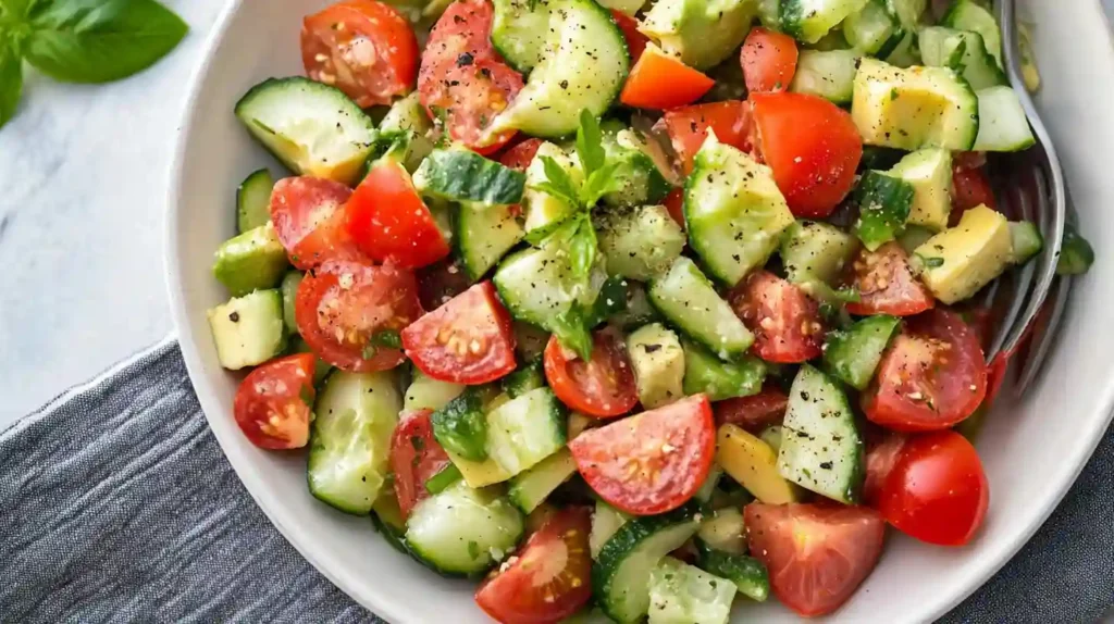 Cucumber tomato avocado salad with lemon dressing and fresh herbs