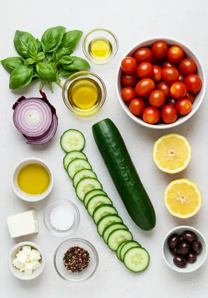 Chopped cucumbers, tomatoes, onion, herbs, and vinegar
