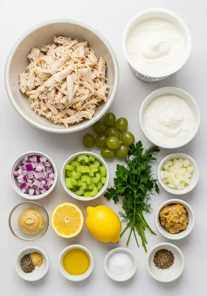 Greek Yogurt Chicken Salad Ingredients Laid Out