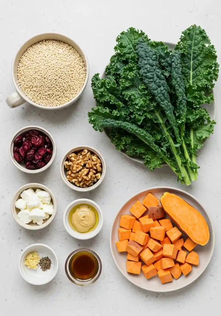 Ingredients laid out for kale quinoa salad