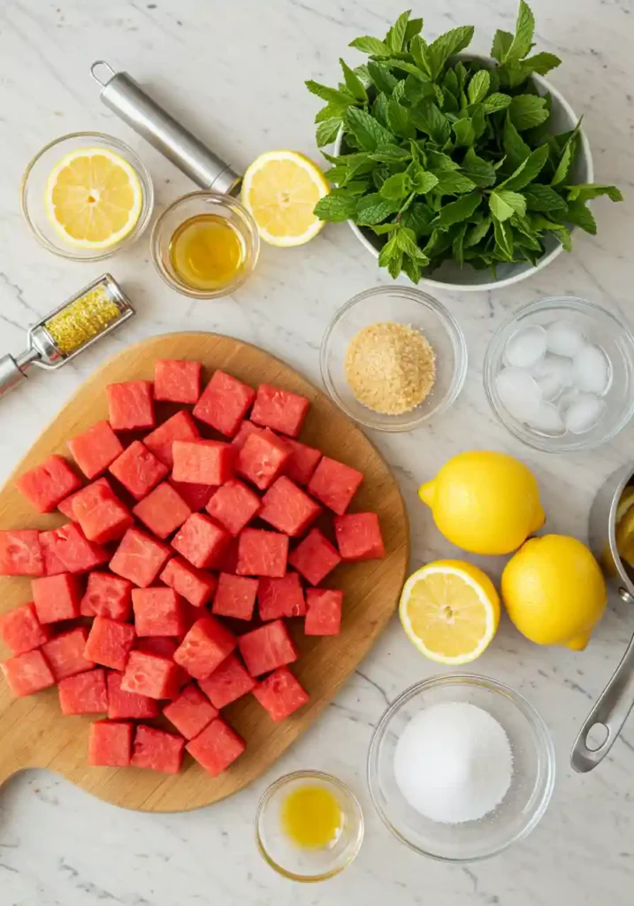 Watermelon, lemons, mint, sugar, and water on a table