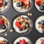 Frozen yogurt bites in a bowl topped with strawberries and granola