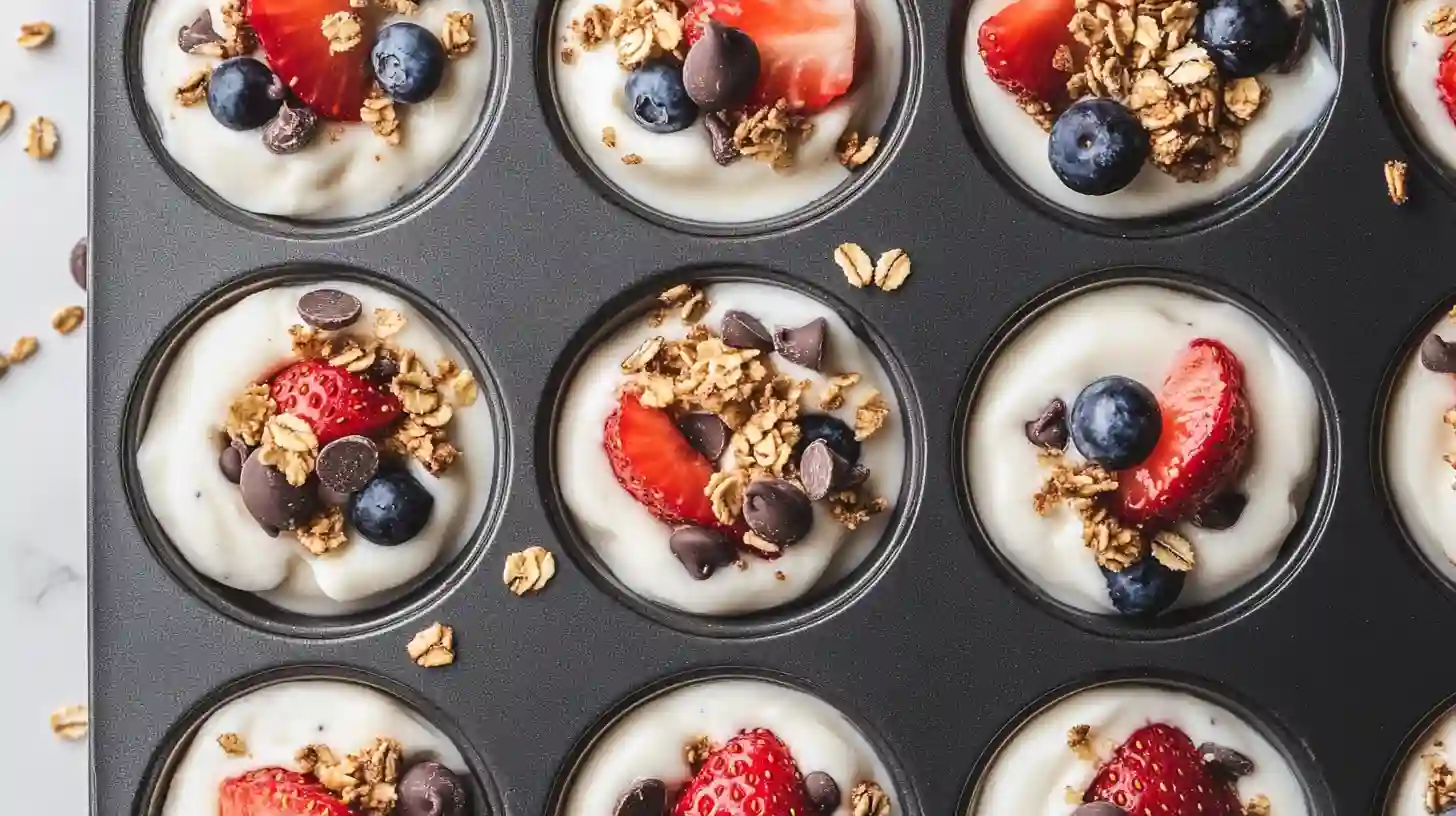 Frozen yogurt bites in a bowl topped with strawberries and granola