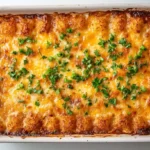 Baked tater tot casserole in a white casserole dish