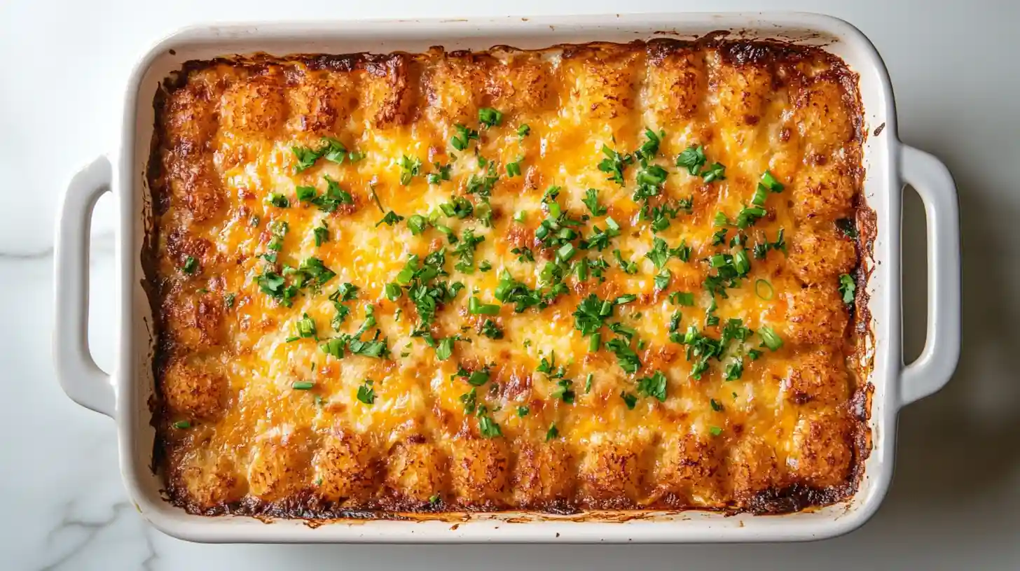 Baked tater tot casserole in a white casserole dish