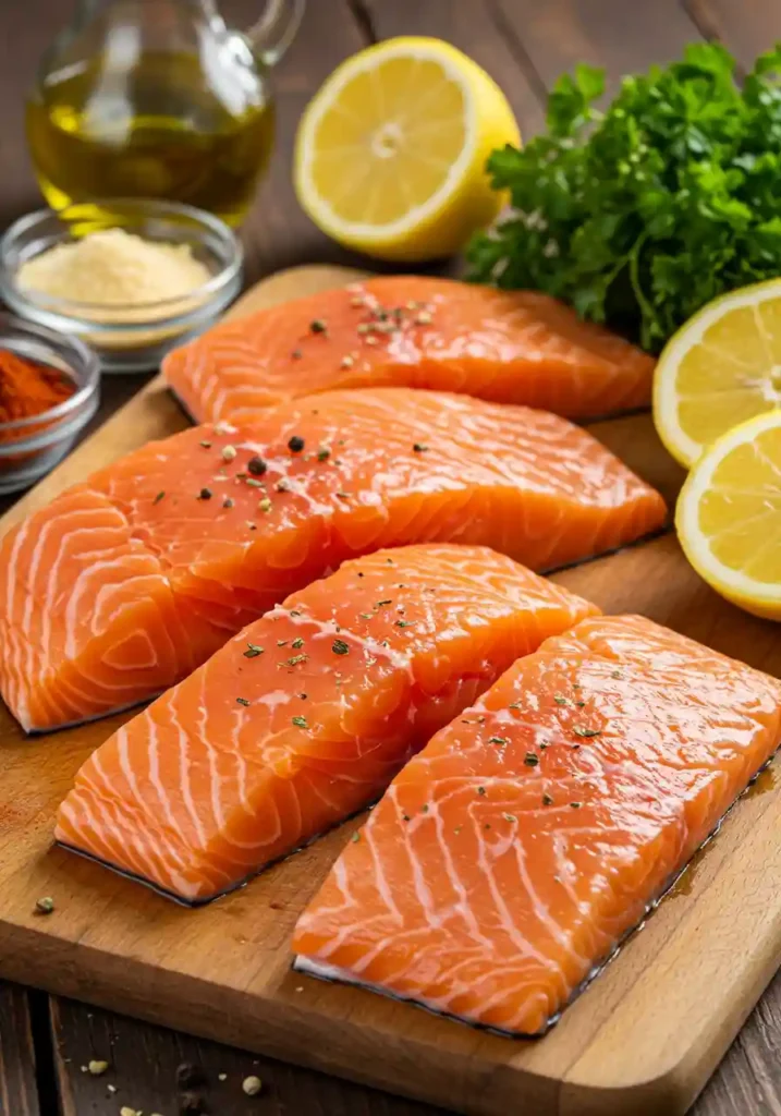Raw salmon filets with seasoning and lemon on a cutting board