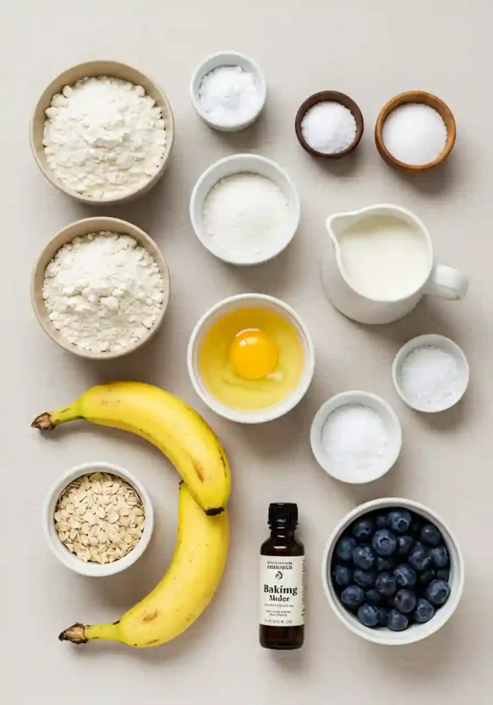 Measured ingredients for banana blueberry muffins in bowls