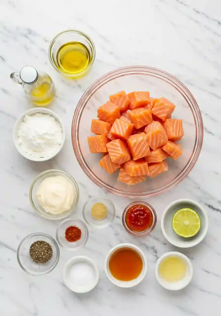 Raw salmon cubes, spices, cornstarch, and bang bang sauce components