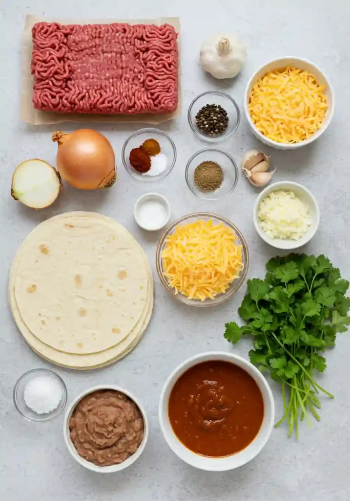 Ground Beef, Cheese, Tortillas, and Enchilada Sauce