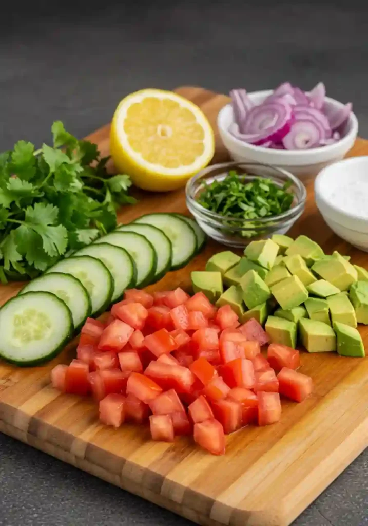 Fresh avocado, cucumber, tomato, red onion, and herbs for salad