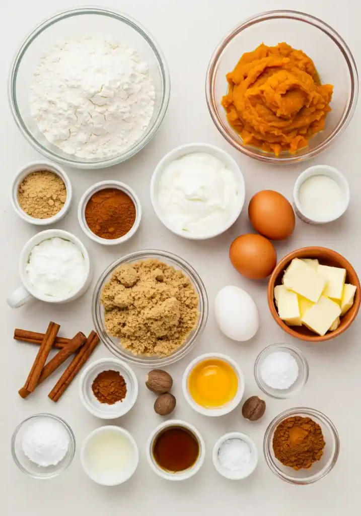 Pumpkin purée, flour, brown sugar, spices, and butter in bowls