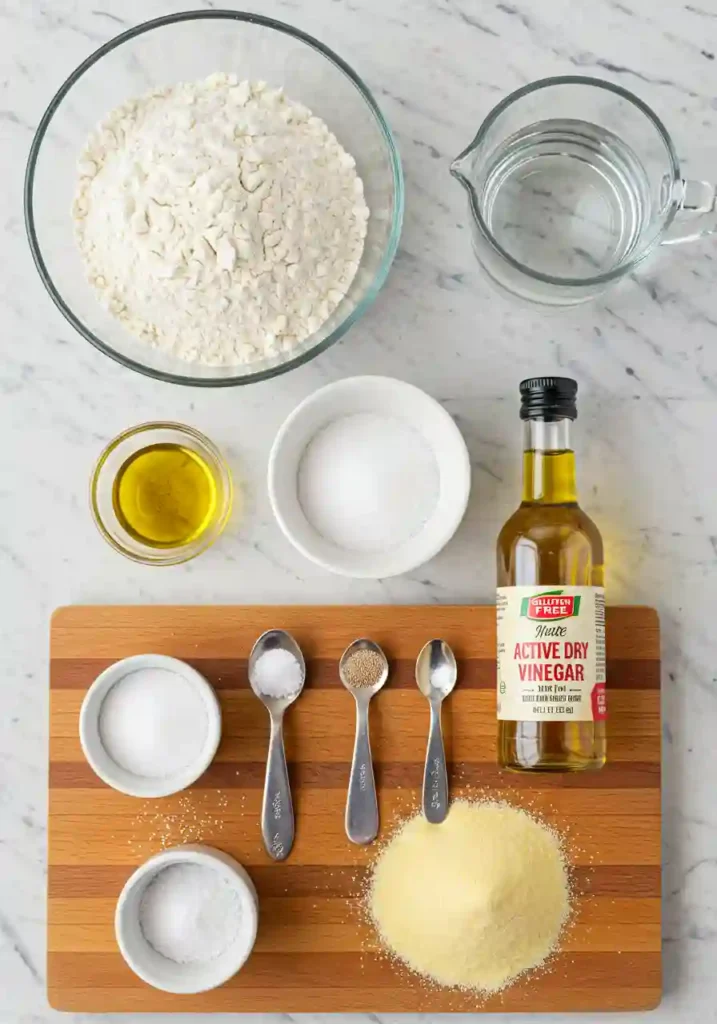 Gluten free flour, yeast, oil, vinegar, salt, and water in bowls