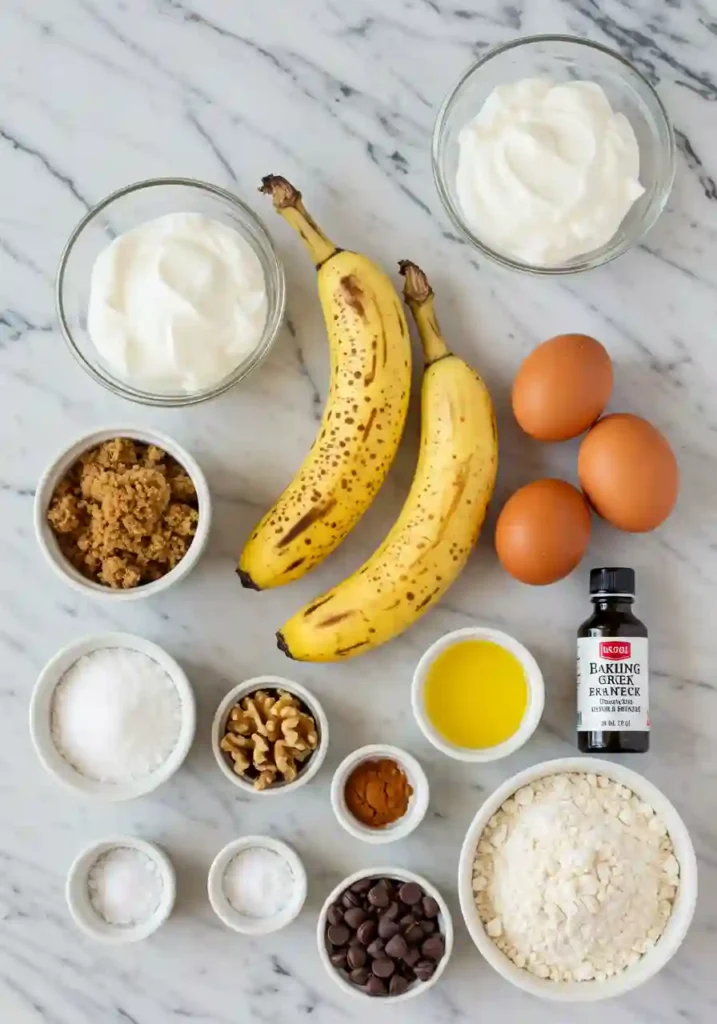Mashed bananas, Greek yogurt, flour, and other ingredients on a counter