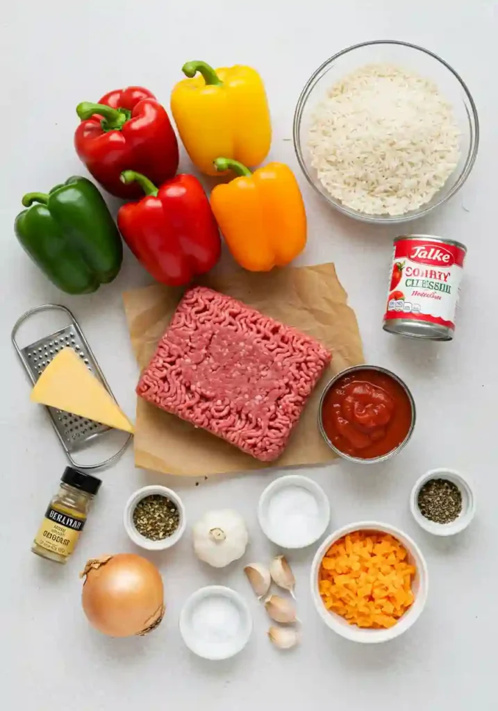 Ingredients laid out for making stuffed bell peppers with ground beef