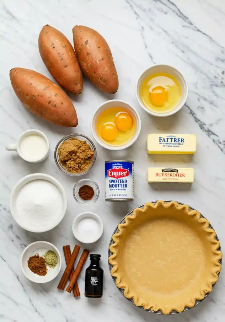 Raw ingredients for sweet potato pie on a kitchen counter