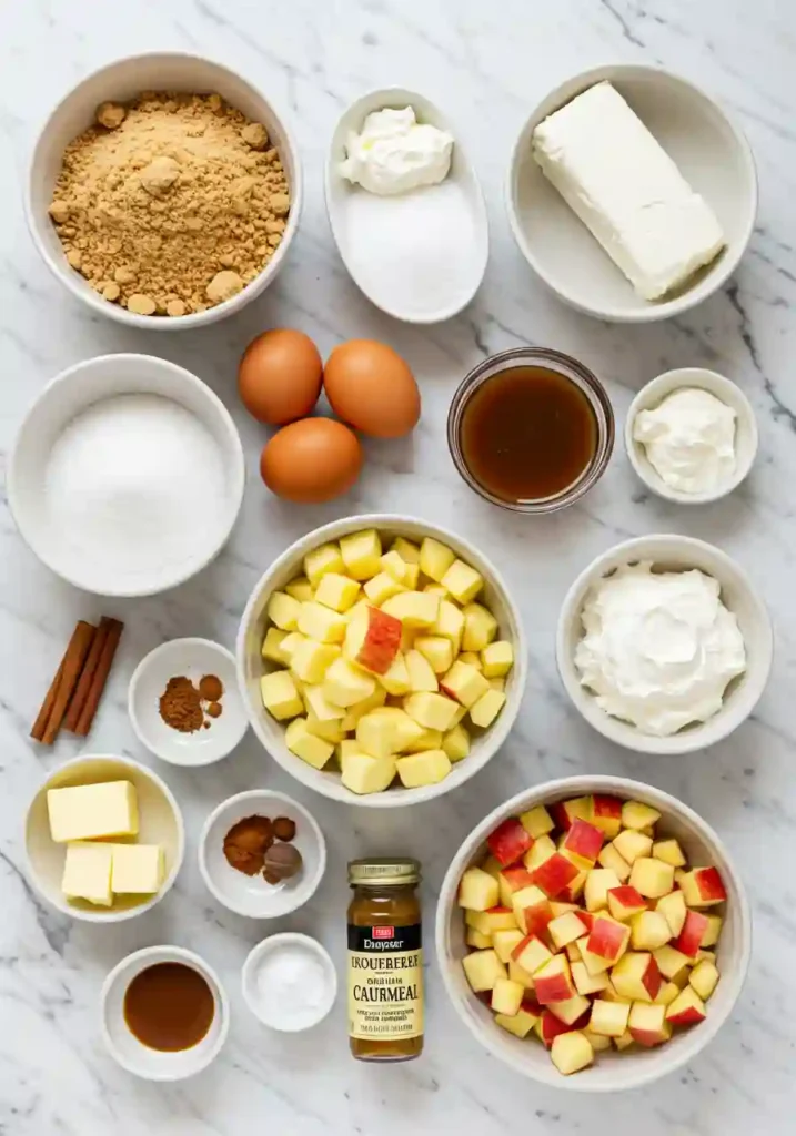 Cream cheese, apples, caramel sauce, and ingredients for cheesecake on the counter