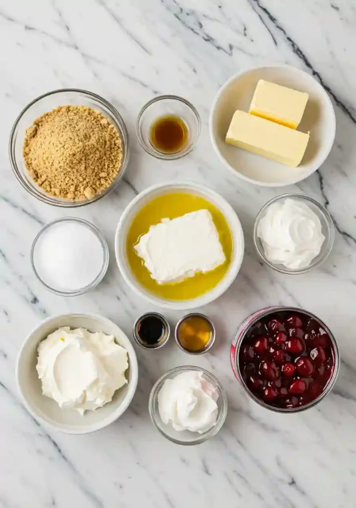 Cheesecake ingredients including cream cheese, graham crackers, and cherries