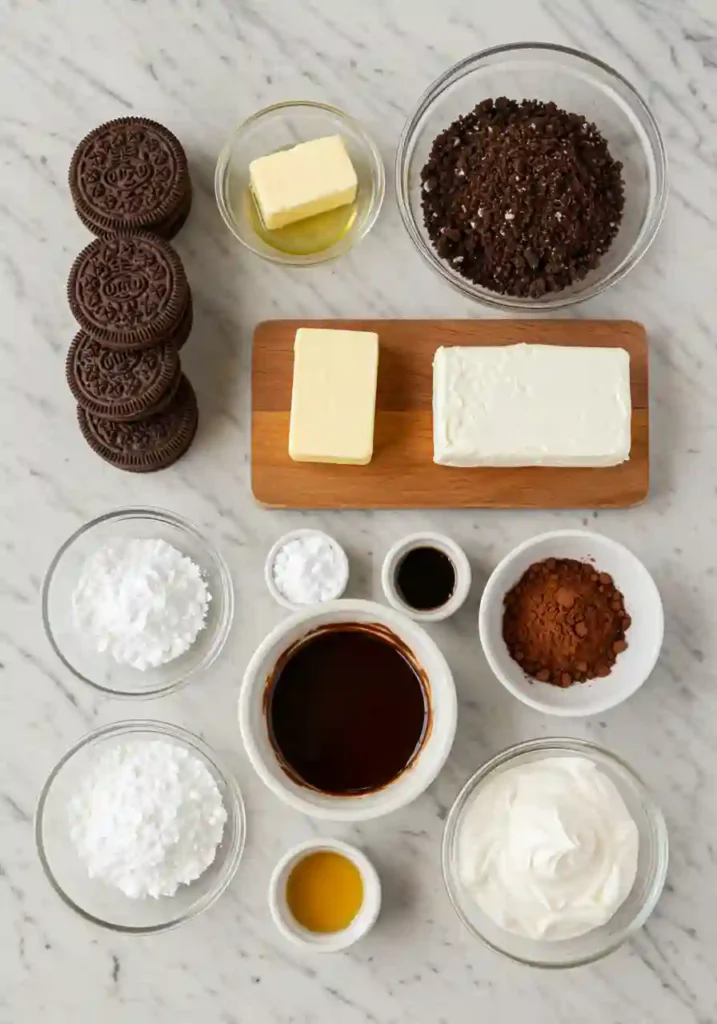 Chocolate cookies, cream cheese, cocoa powder, and other cheesecake ingredients