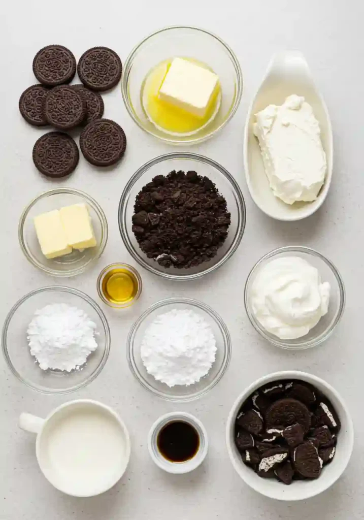 Oreo cookies, cream cheese, heavy cream, butter, and simple cheesecake ingredients