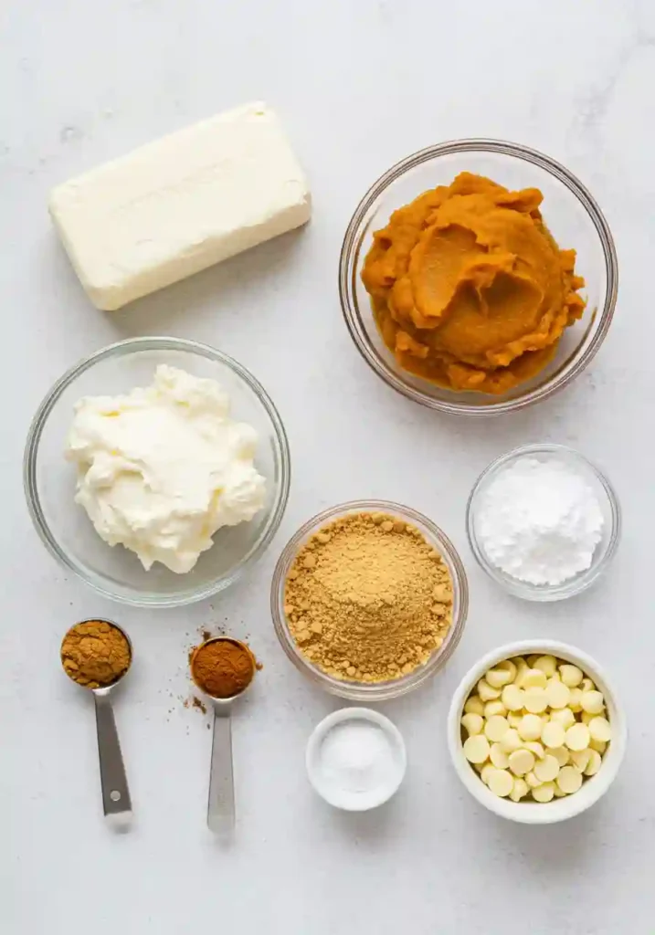 Cream cheese, pumpkin puree, graham cracker crumbs, and spices for cheesecake balls