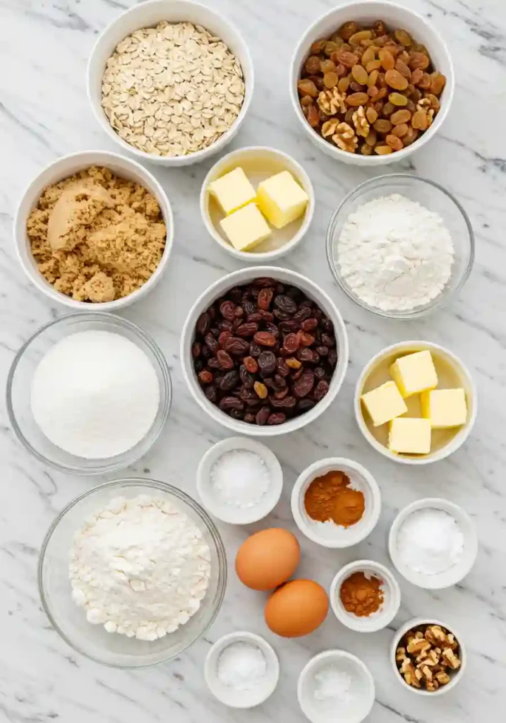 Butter, sugar, eggs, oats, raisins, and flour displayed in bowls