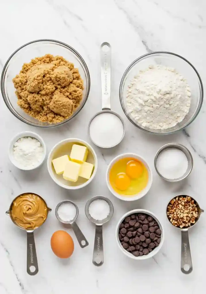 Measured ingredients for peanut butter oatmeal cookies in bowls