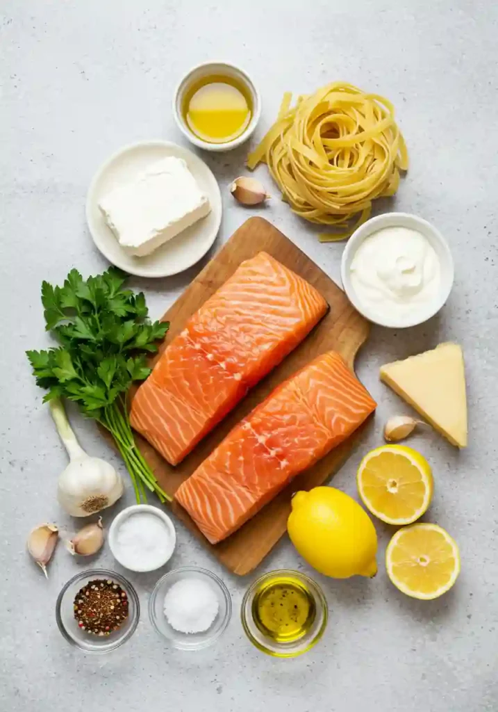 Raw salmon fillets, pasta, garlic, parmesan, and cream on a counter
