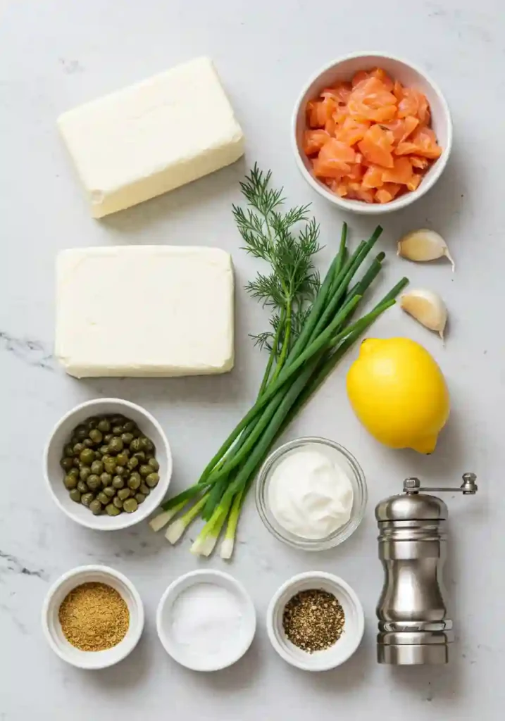 Cream cheese, smoked salmon, herbs, and lemon for salmon dip