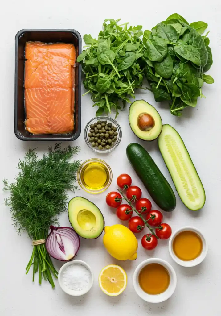 Fresh ingredients laid out for smoked salmon salad