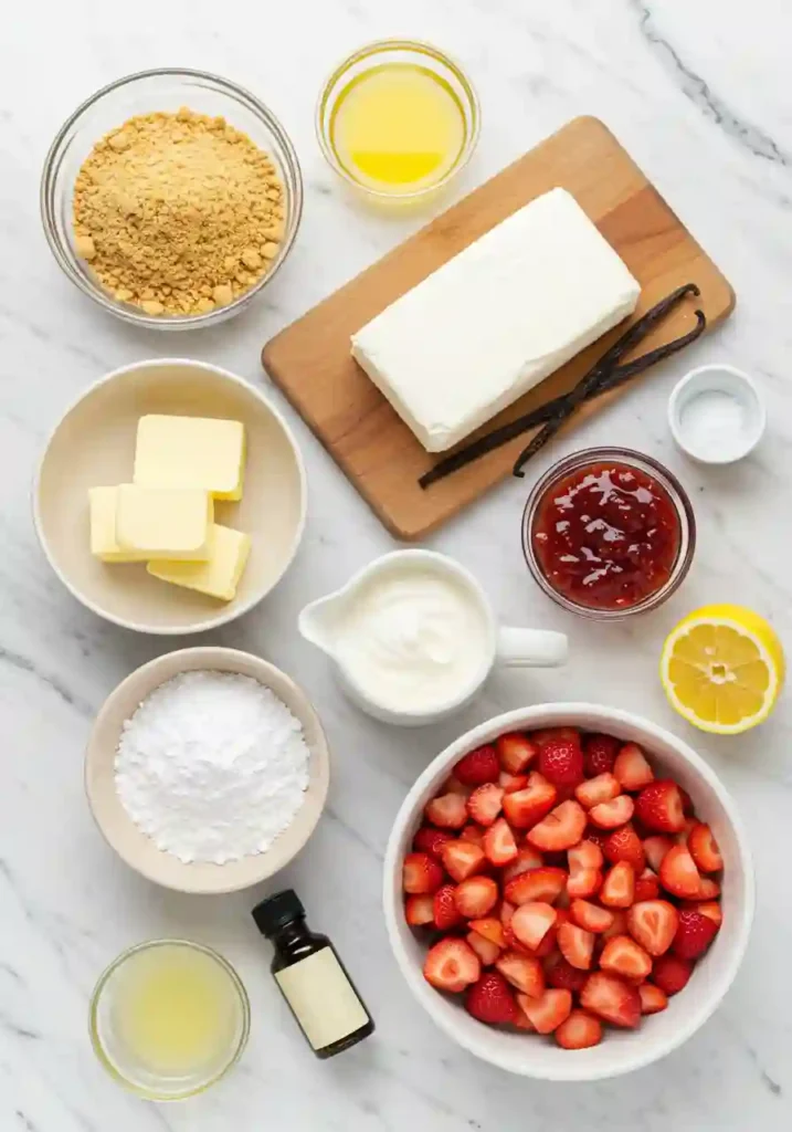 Bowls of graham cracker crumbs, cream cheese, strawberries, and other cheesecake cup ingredients