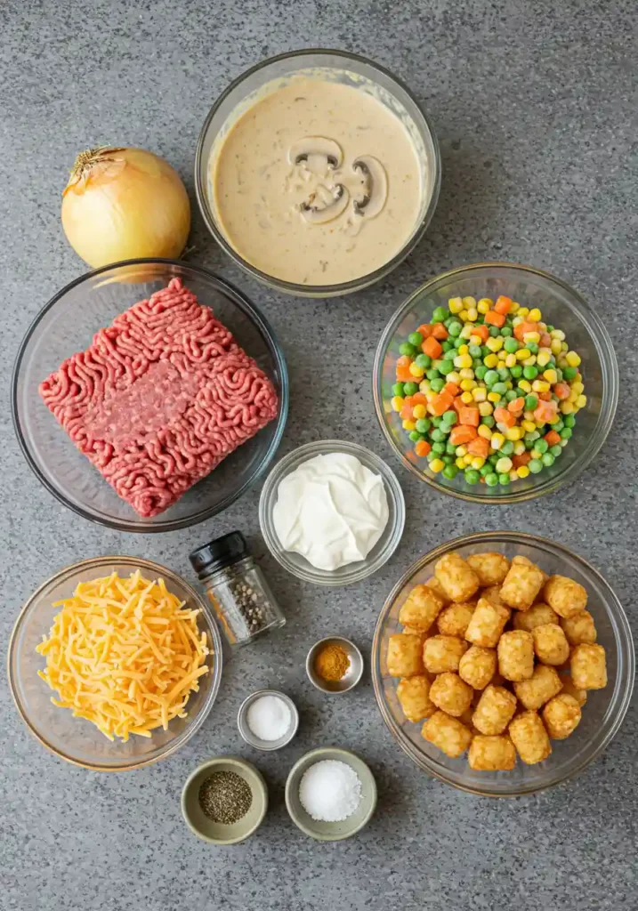 Raw ingredients for tater tot casserole on a wooden surface