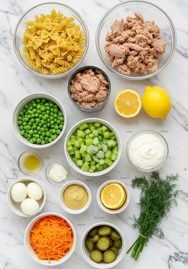 Flat lay of tuna, pasta, celery, peas, mayo, yogurt, and herbs