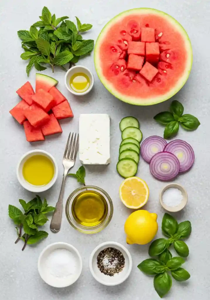 Fresh ingredients for watermelon feta salad laid out on a table
